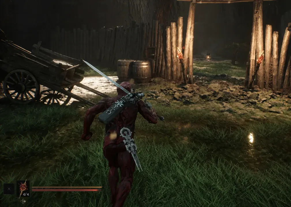 Harbinger approaching the torch-lit wooden palisade entrance with the combat HUD on screen