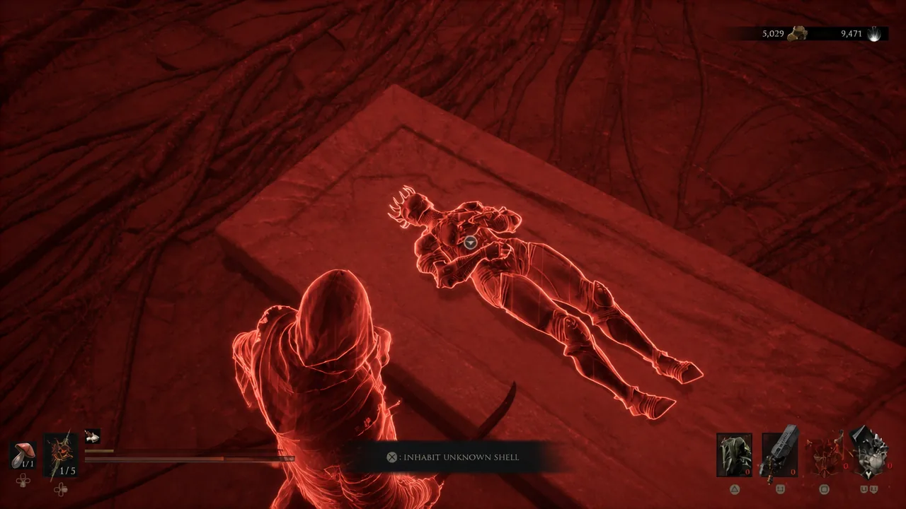 INHABIT UNKNOWN SHELL prompt shown while targeting the glowing fallen Proxima Shell
