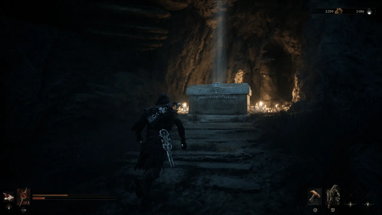 The locked bone chest ringed with candles, waiting for three Offerings in the Sunken Village