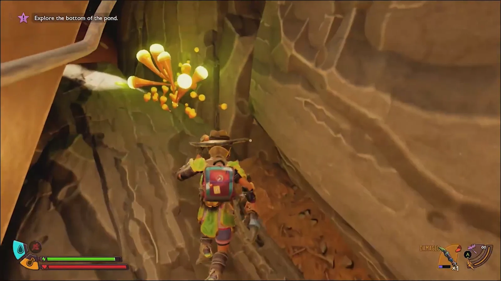 Character squeezing through a narrow underground passage toward the hidden boss arena