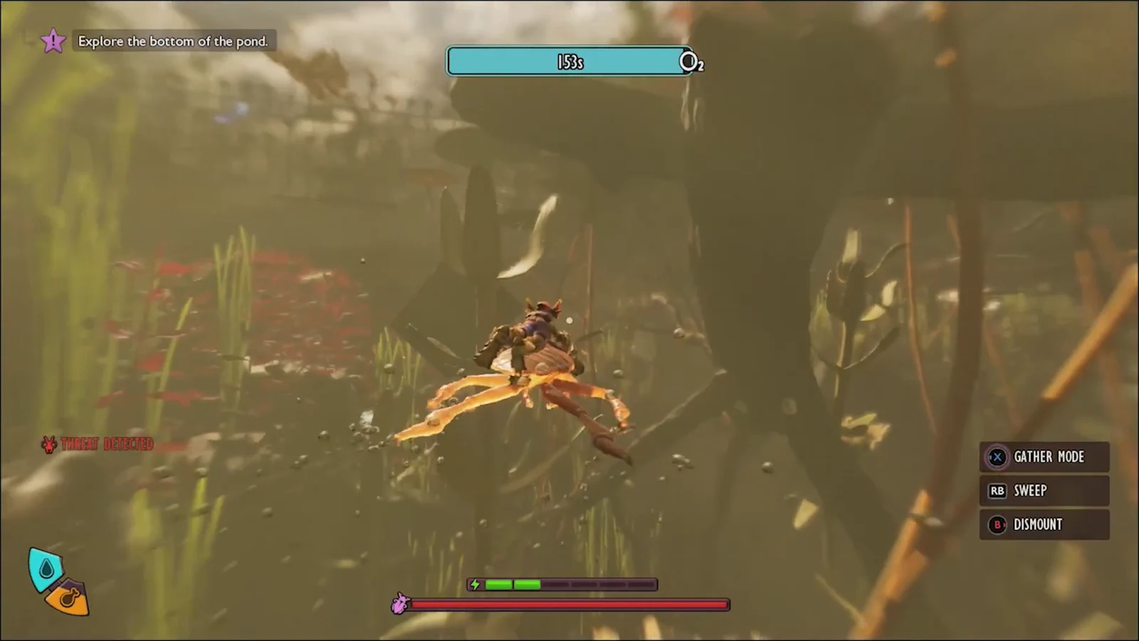 Riding the Toe Biter Buggy underwater with Sweep and Dismount controls shown