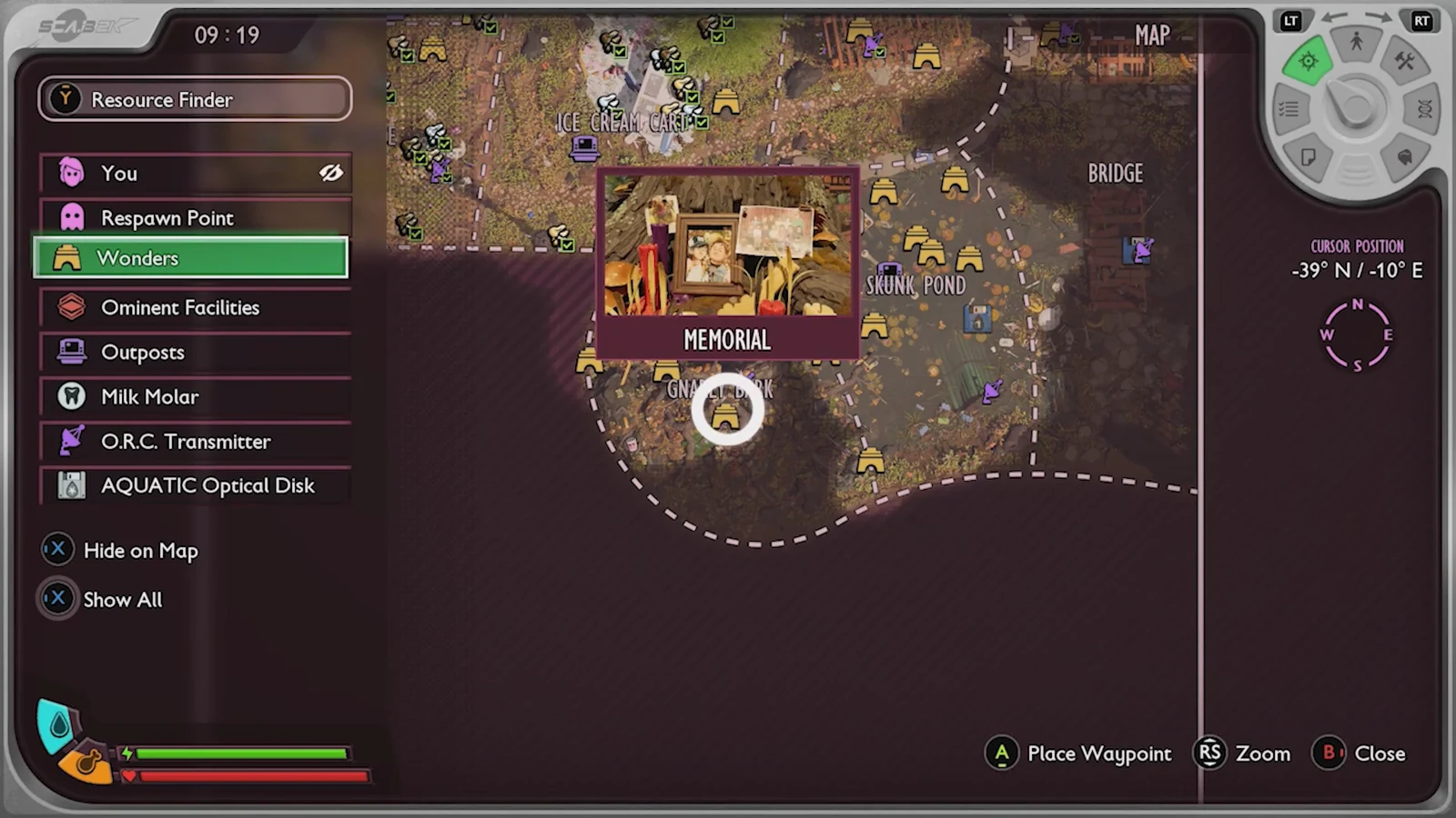 Resource Finder map with Wonders selected and the Memorial landmark preview open in Gnarly Bark