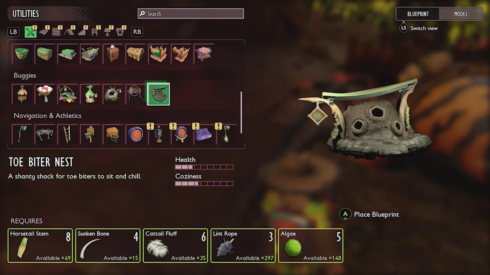 Utilities blueprint menu highlighting the Toe Biter Nest and its required materials