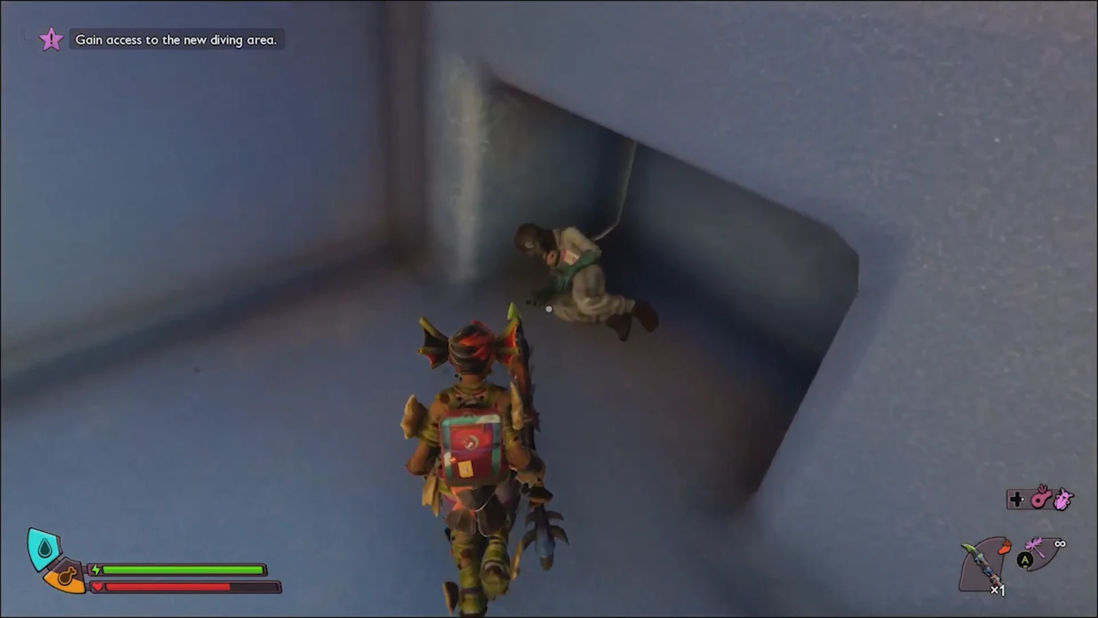 Approaching a crouched Ominent worker inside the blue plastic brick with the diving-area objective on screen