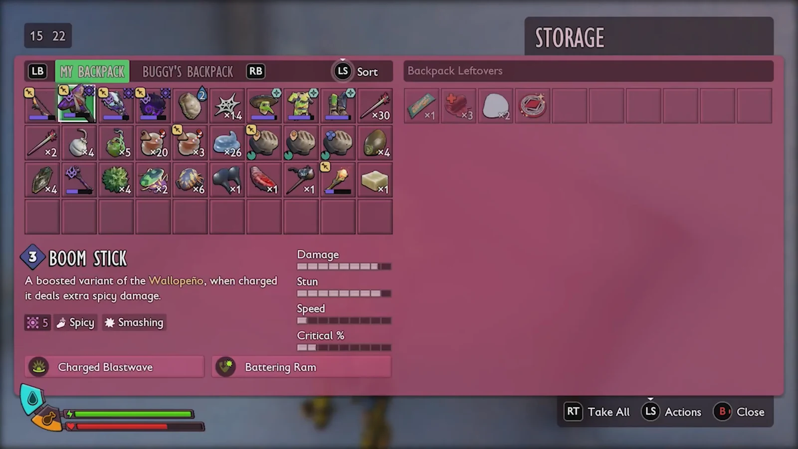 Storage screen showing My Backpack contents with backpack leftovers and inventory actions