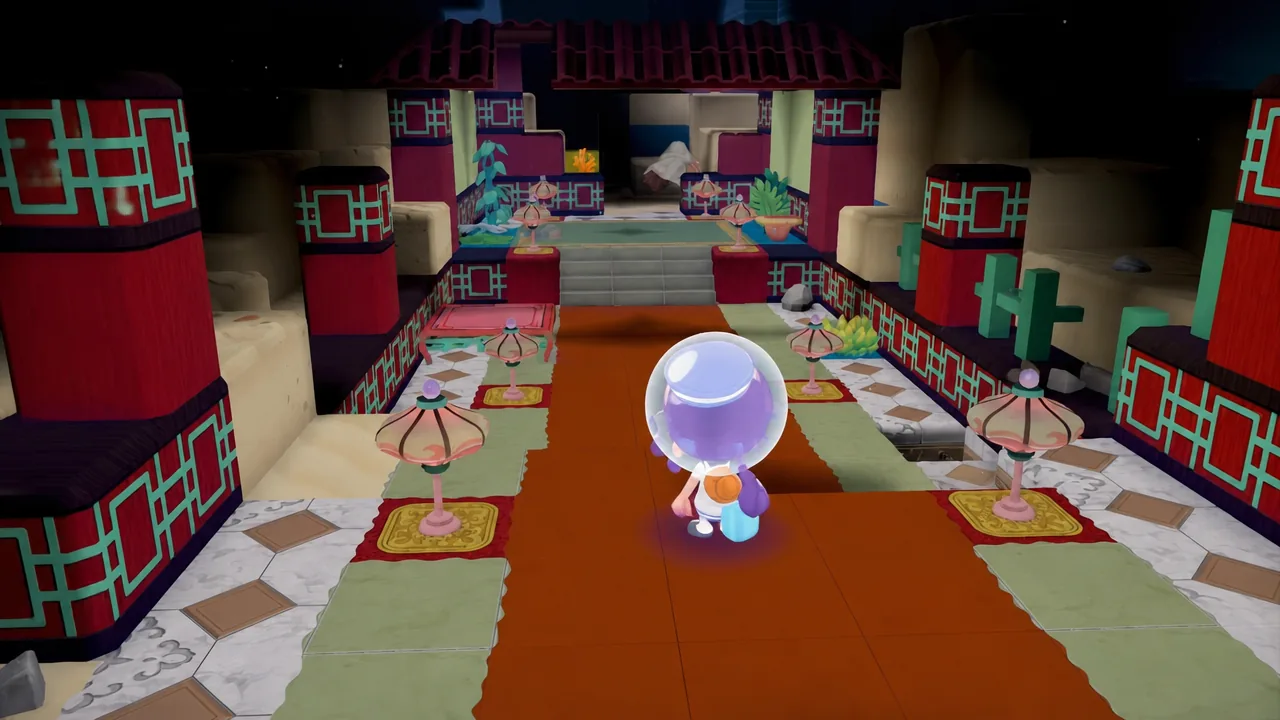 Ditto in a dark hallway with an arrow pointing behind them in Pokemon Pokopia