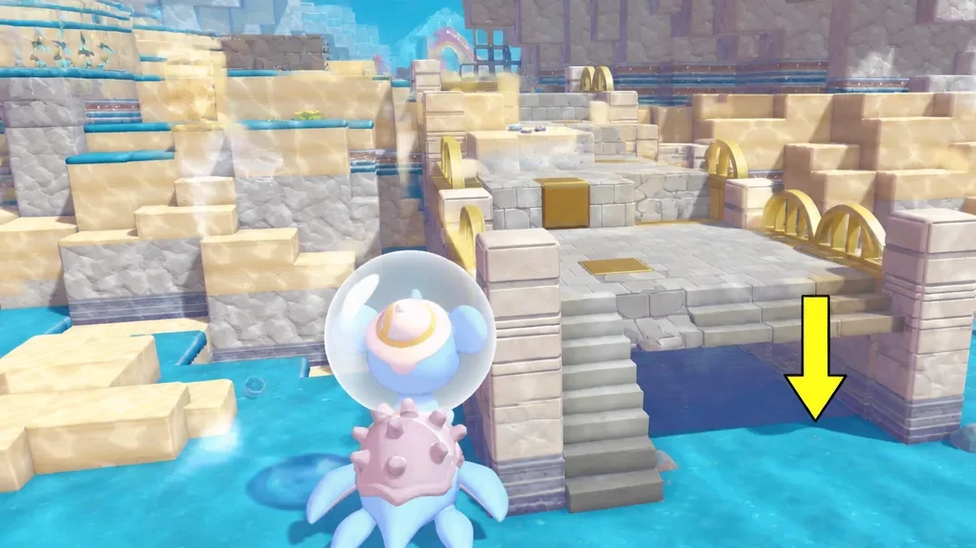 Ditto swimming towards a bridge in Pokemon Pokopia with an arrow pointing below it