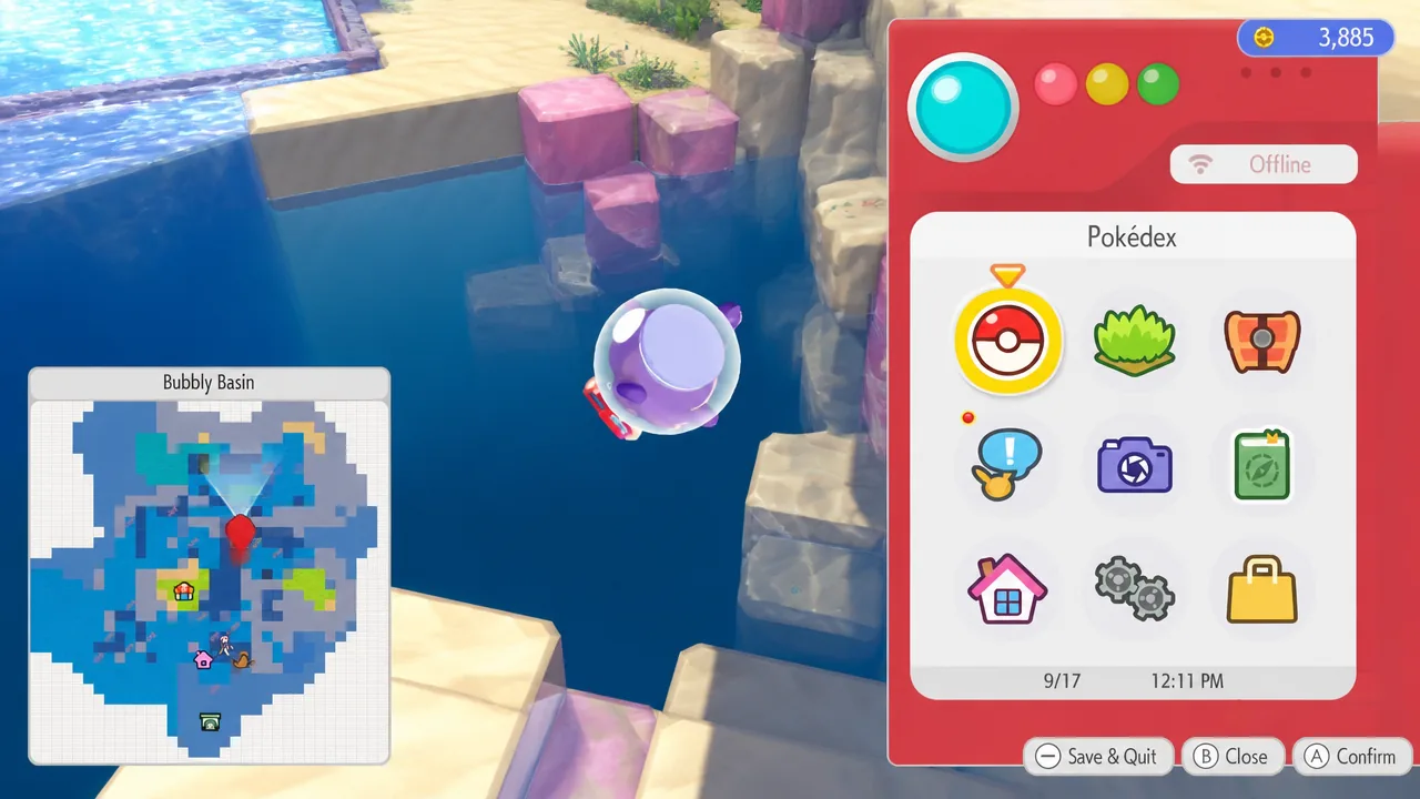 Ditto looking at a map while swimming above a dark part of the water in Pokemon Pokopia