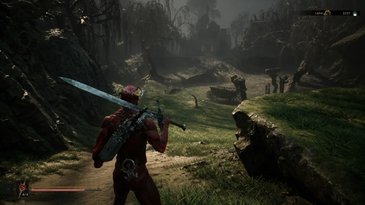 Player with greatsword and crossbow following a dark swamp path toward distant ruins