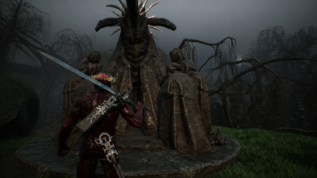 Path leading toward a lone tree surrounded by circling flying enemies