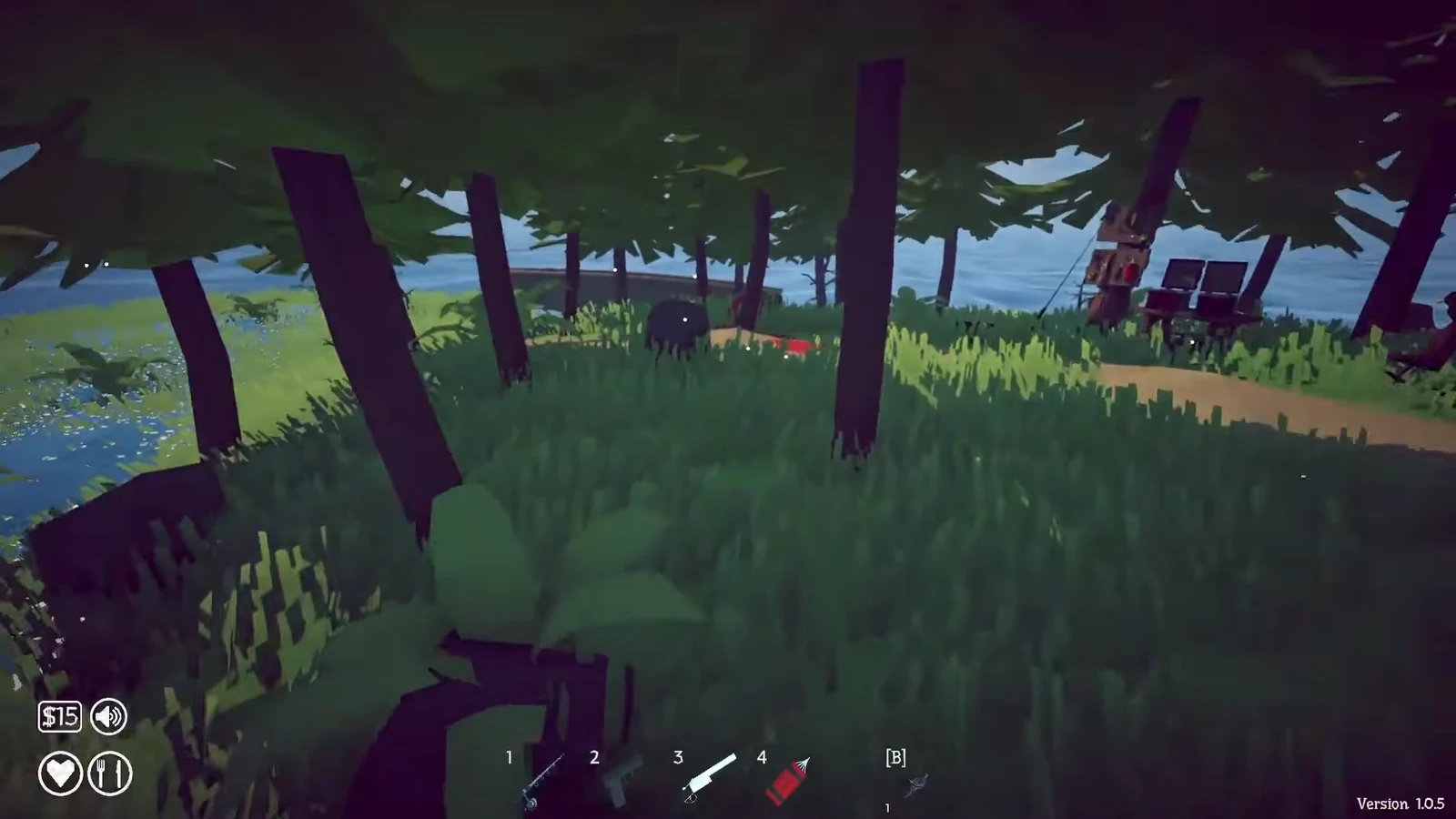 Crosshair aimed at a boar in a wooded campsite with weapon slot 3 selected