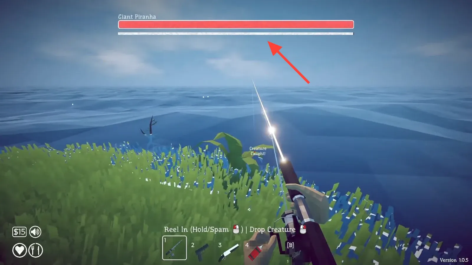 Giant Piranha health bar and Creature Caught message while reeling a creature