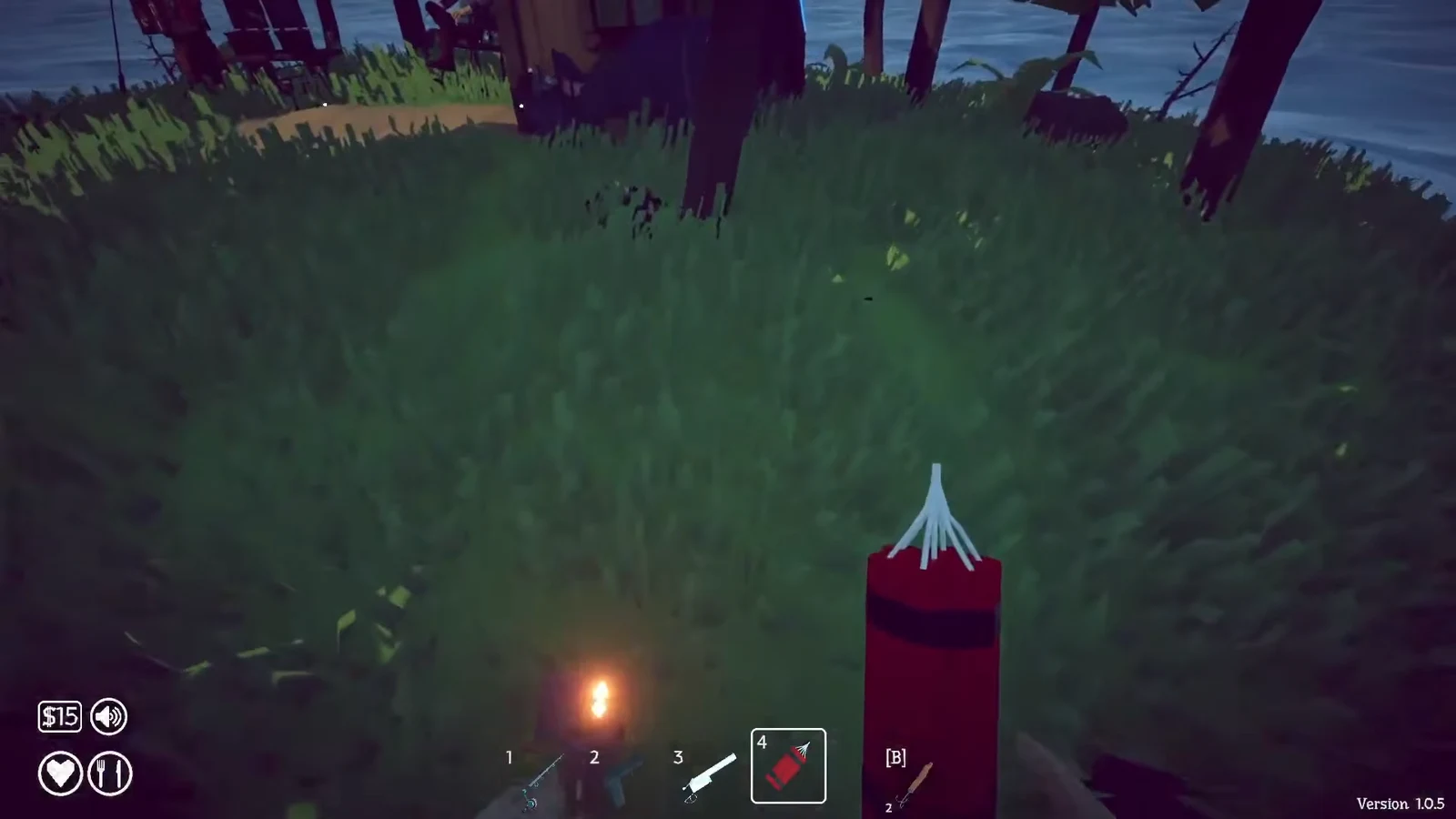 Player walking Island 2 grass with dynamite selected on hotbar slot 4