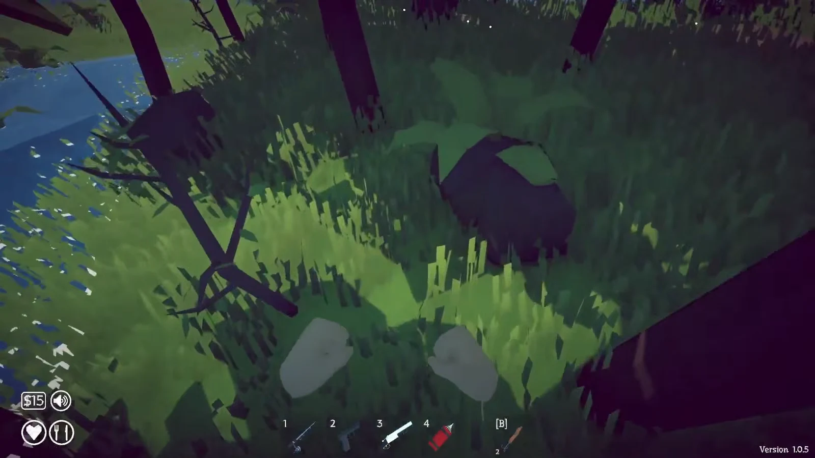 Shotgun selected while facing dense grass and a rocky Island 2 shoreline