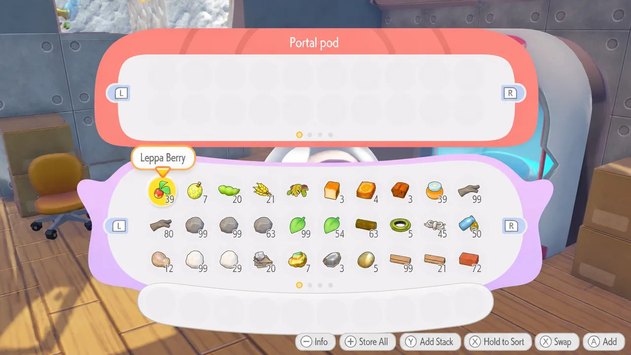 An open Portal Pod menu in Pokemon Pokopia