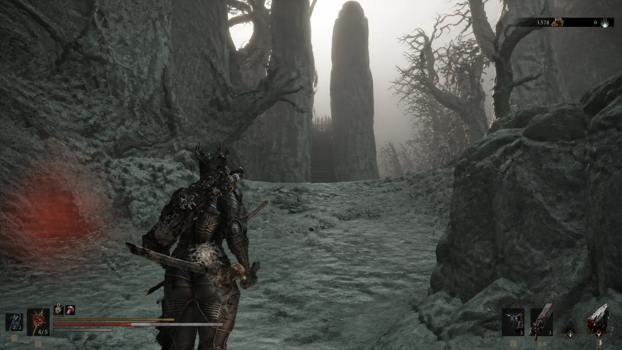 Armored character crossing a rocky ravine toward a tall monolith on the route east