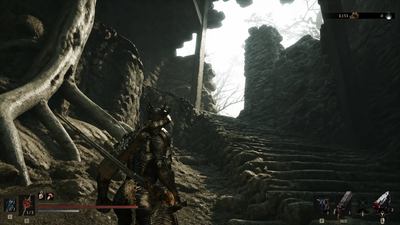 Character approaching a stone staircase inside root-covered ruins at the Forgotten Tower