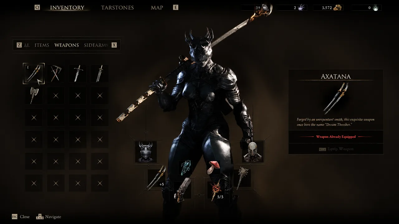 Inventory Weapons tab showing the Axatana selected with its description and equipped status
