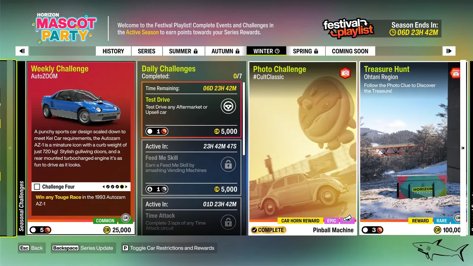 Festival Playlist Winter tab showing the AutoZOOM weekly and a completed #CultClassic photo challenge
