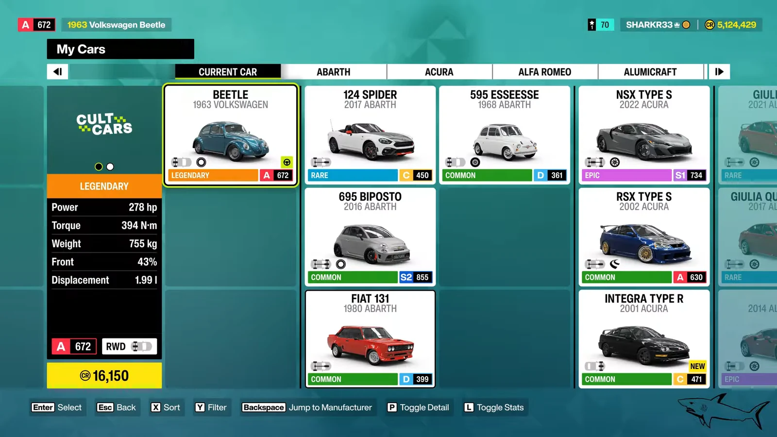 My Cars screen highlighting the 1963 Volkswagen Beetle card with its Legendary rating and stats