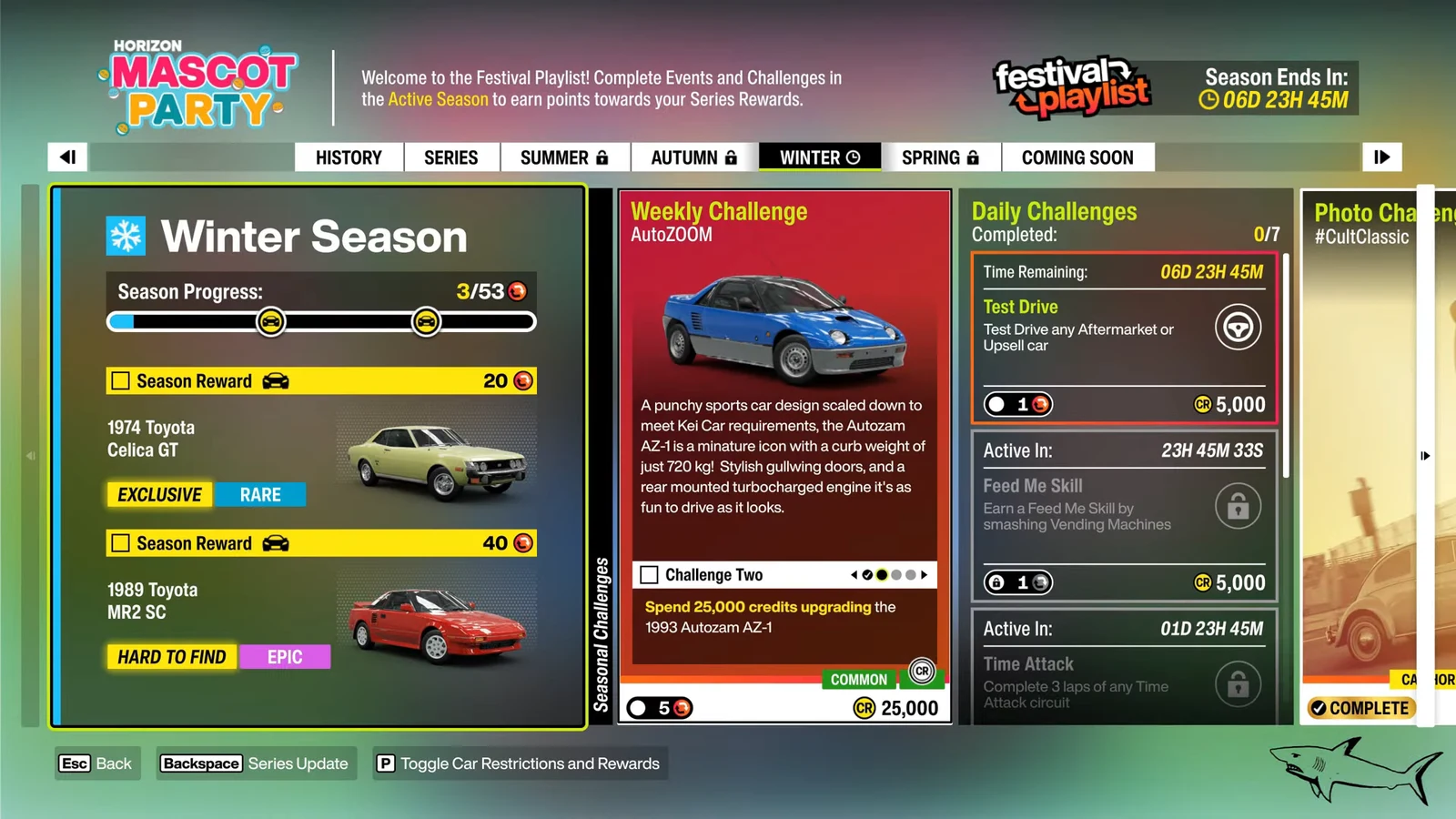 Winter Season screen showing weekly challenge two, spend 25,000 credits upgrading the Autozam AZ-1