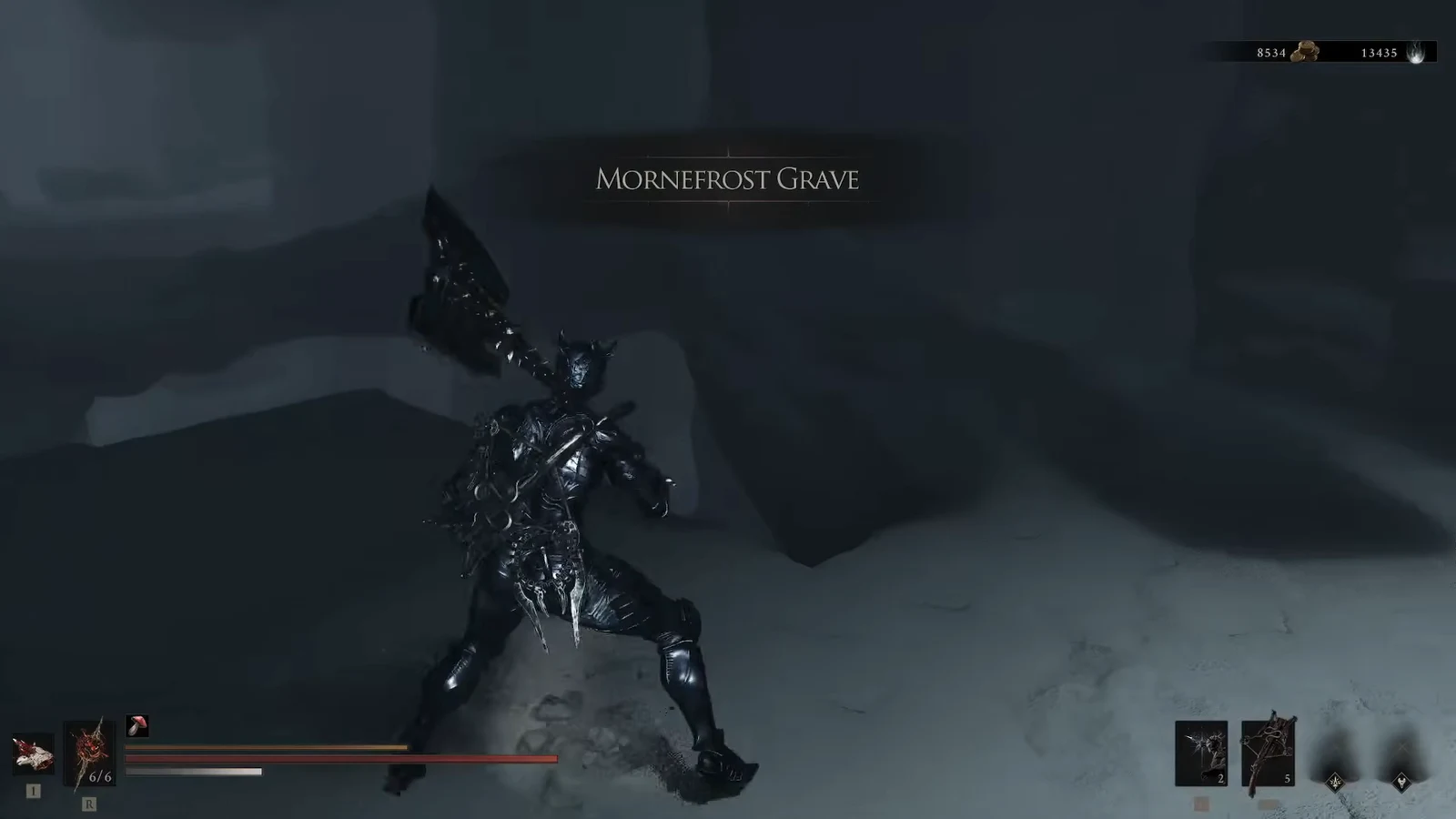 The Mornefrost Grave area title appears as the armored character swings a large weapon in combat.