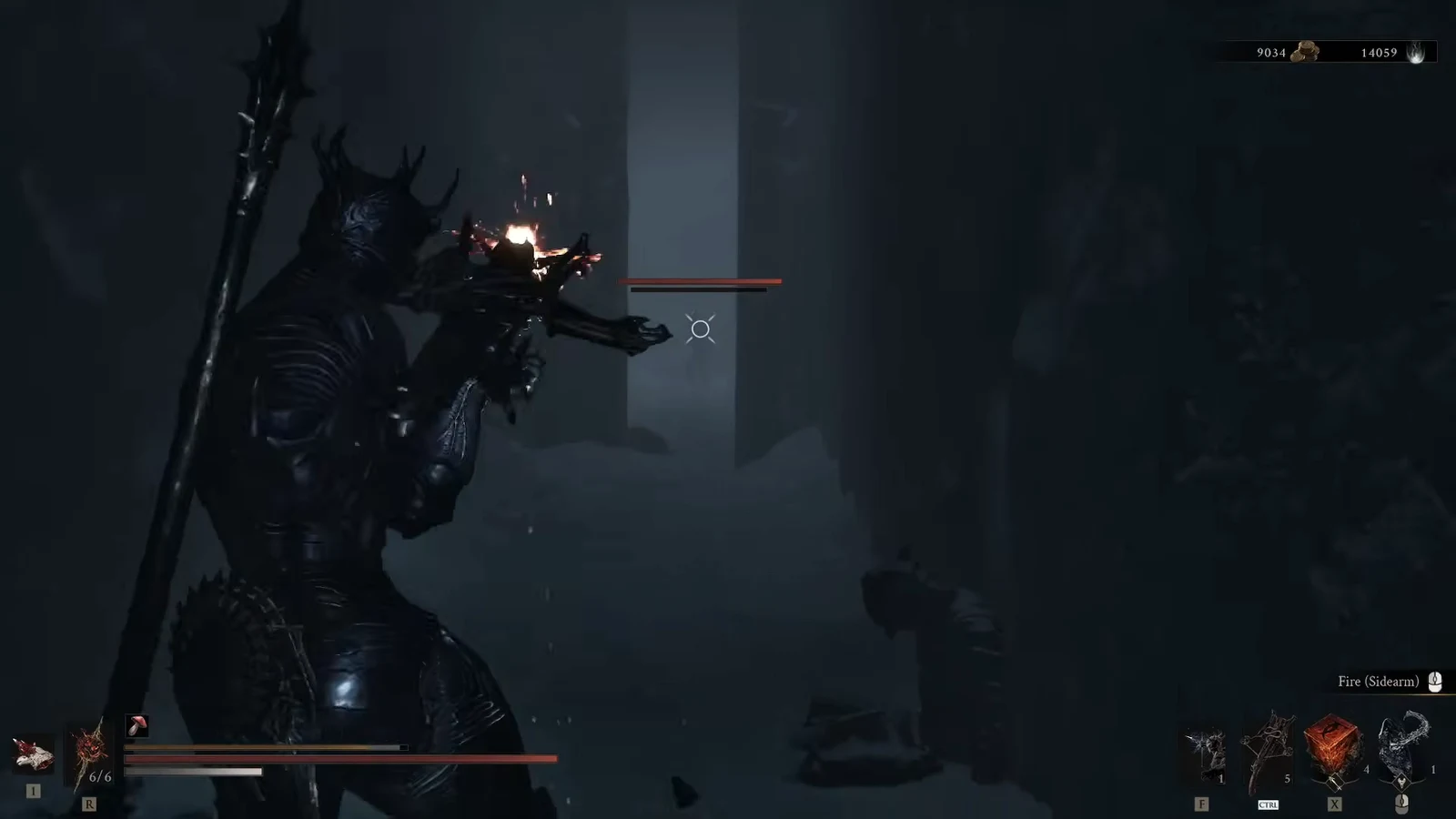 Player aims a firearm at a horned enemy with the crosshair centered and a fire sidearm prompt shown.