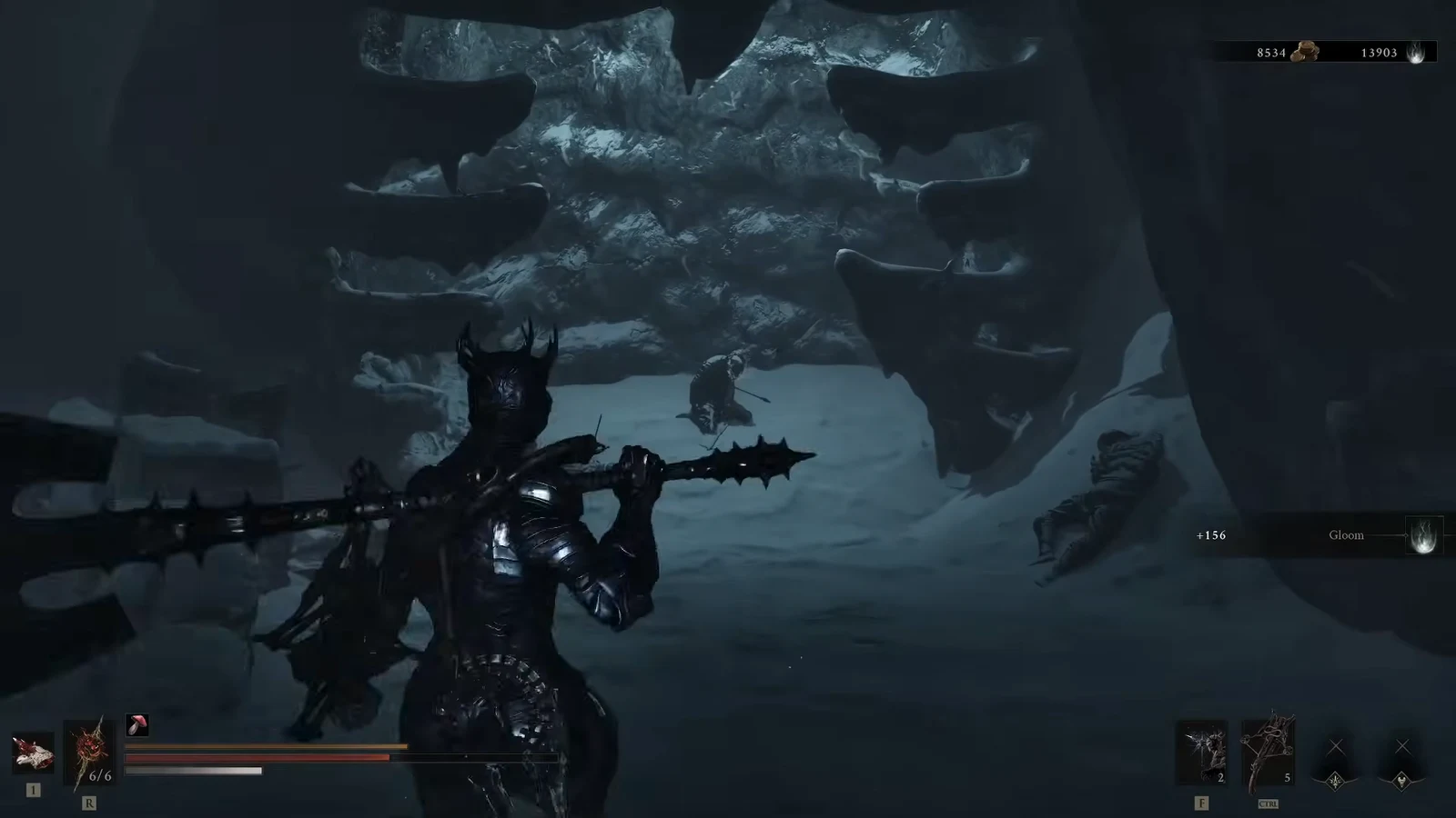 Armored character with a spiked polearm fighting in an icy cavern, a Gloom reward of plus 156 on screen.