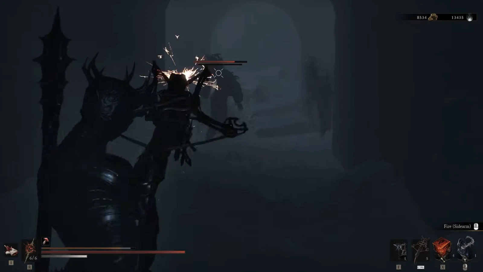 The player fires a sidearm at a nearby enemy with its health bar shown above it.