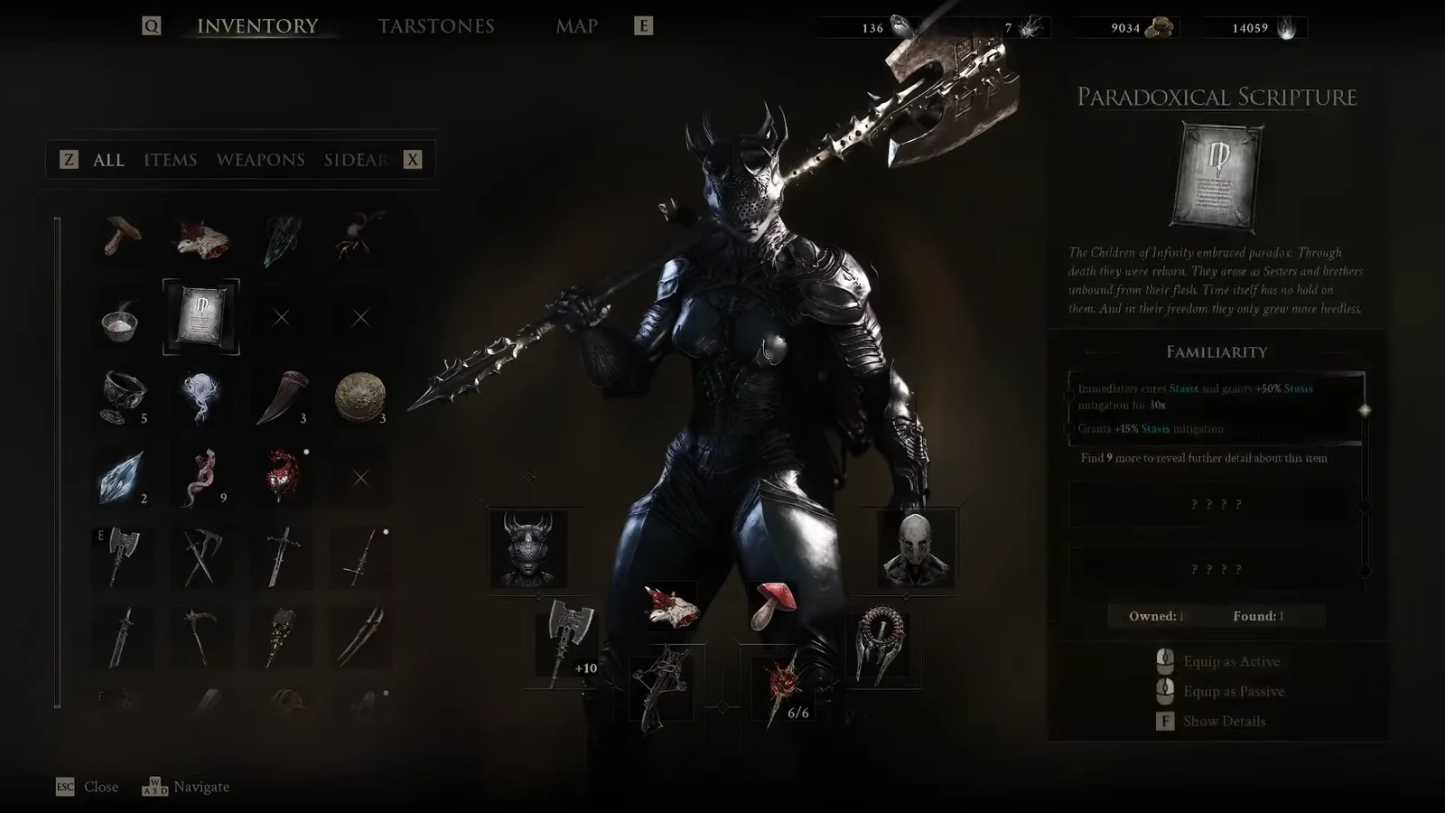 Inventory screen with an item selected, showing its description and options to equip it as active or passive.