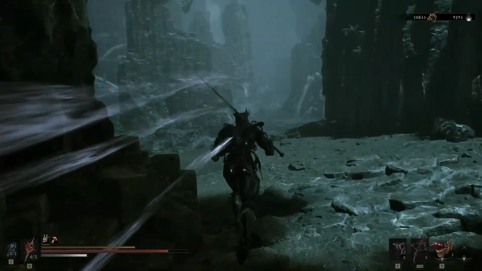 Harbinger sprinting through a dark ruined cavern toward the next area