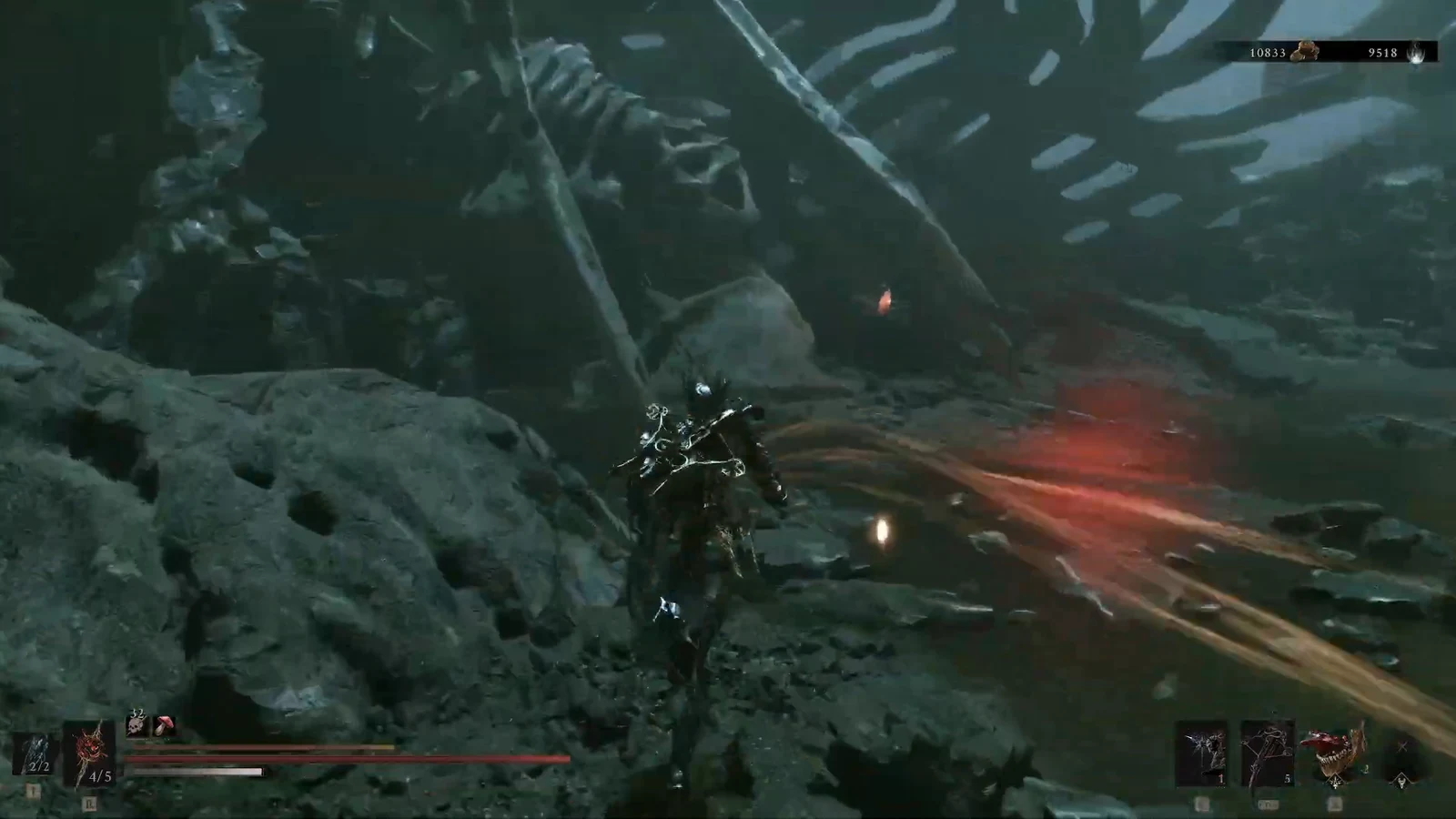 Harbinger near the waterfall as a red energy attack sweeps the battlefield
