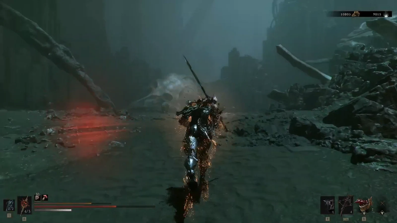 Armored Harbinger running across a ruined battlefield toward a glowing red hazard