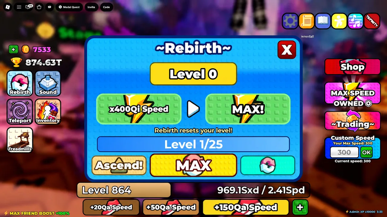 Rebirth menu showing a maxed rebirth count and the Ascend button unlocked