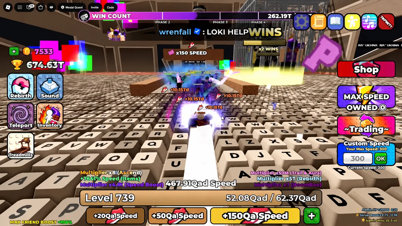 Player character sprinting across the keyboard field alongside other players to build speed