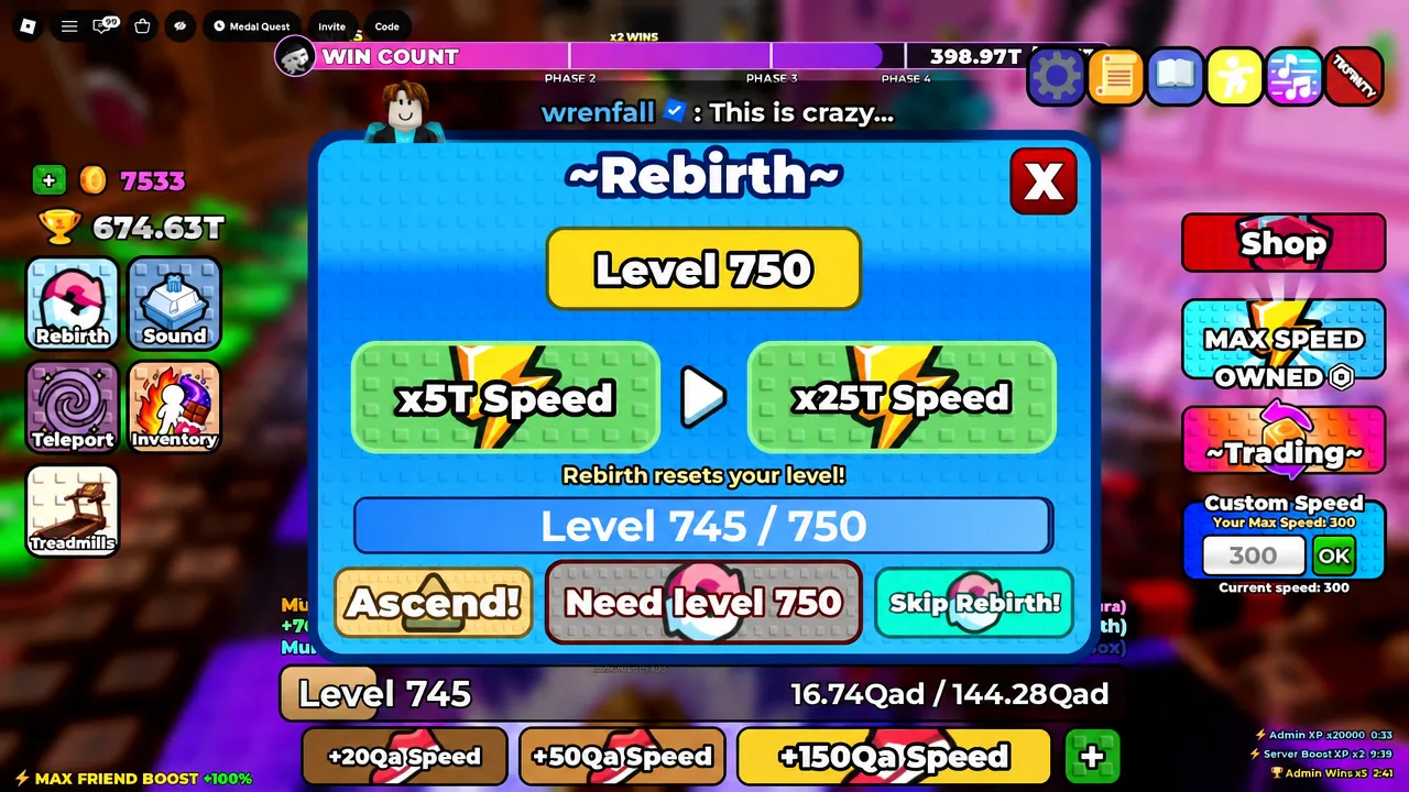 Rebirth screen open mid-run to check current level and rebirth progress