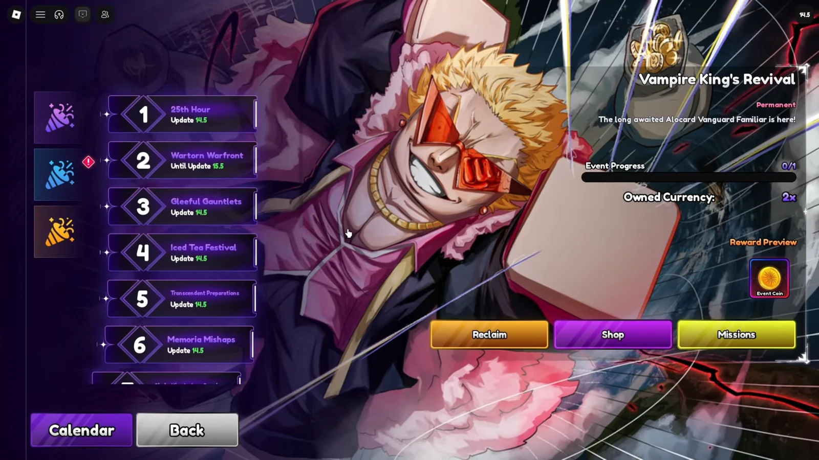 Vampire King's Revival event menu showing progress, currency, and the Missions and Shop buttons