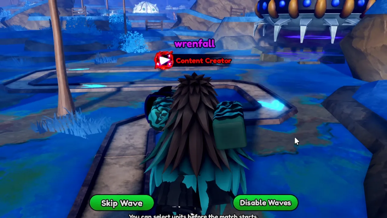 Mid-wave combat view with Skip Wave and Disable Waves controls available on screen