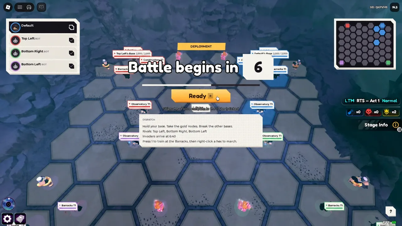 Deployment screen with the Ready button highlighted as the pre-battle countdown runs