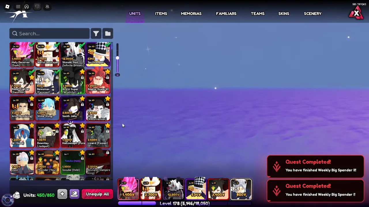 Units tab showing the roster and equipped loadout with quest completion pop-ups on screen