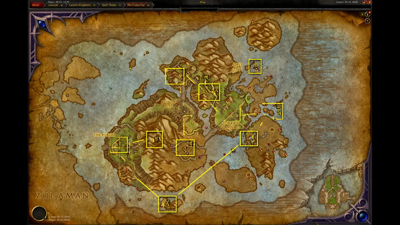 Zone map showing highlighted glyph objective locations connected by a route line