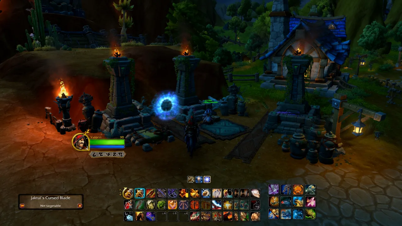 A player character standing beside a glowing blue portal in World of Warcraft