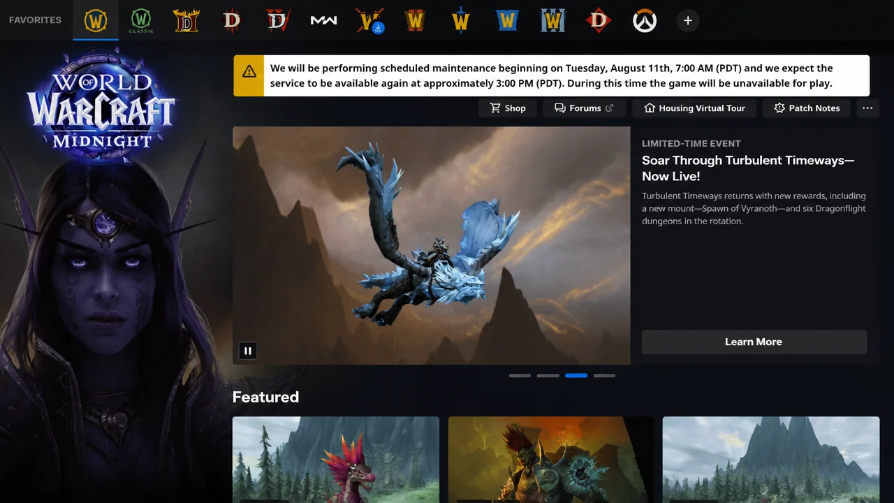 World of Warcraft: Midnight home screen showing a scheduled maintenance warning banner