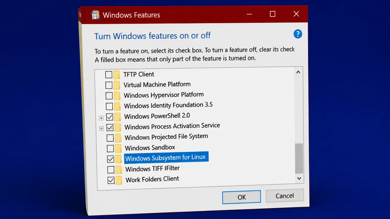 Windows Features dialog with the Windows Subsystem for Linux checkbox selected