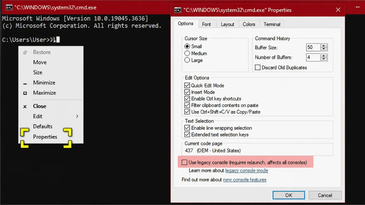 Command Prompt Properties Options tab with the Use legacy console checkbox unchecked