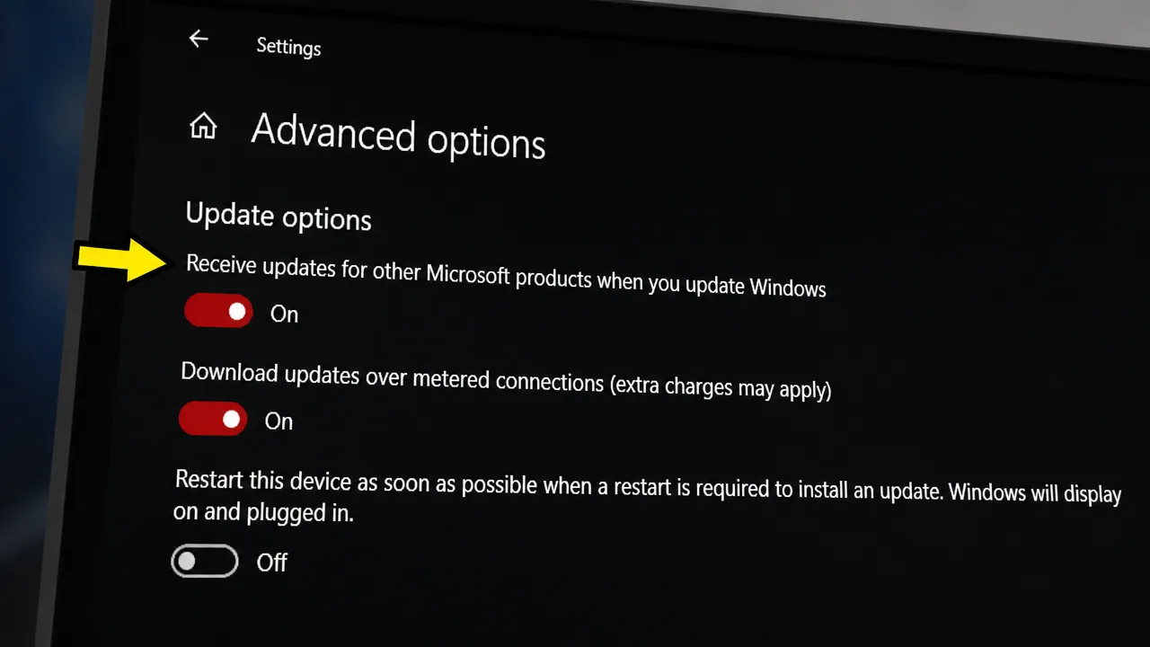 Windows Advanced update settings with Receive updates for other Microsoft products turned on