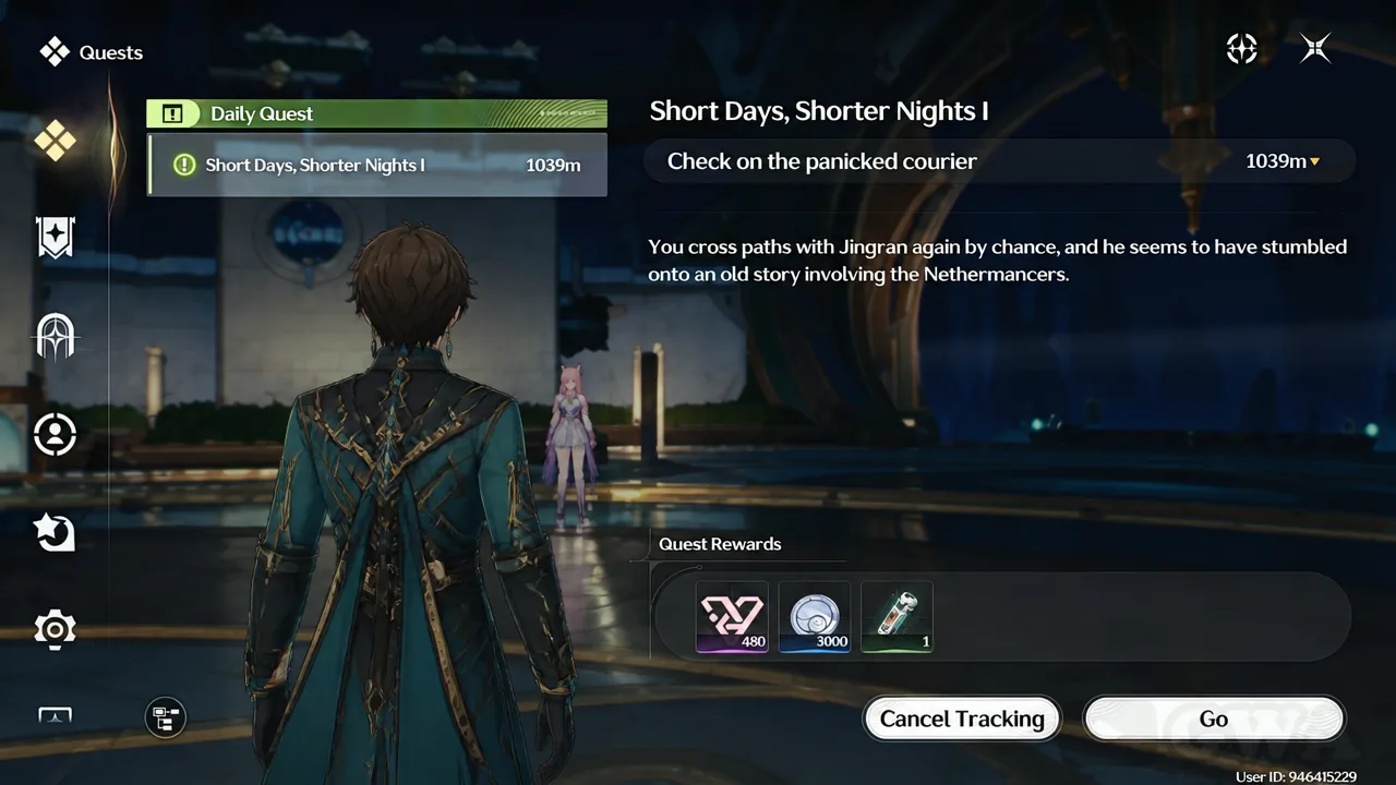 Quests screen with Short Days, Shorter Nights I selected and ready to track