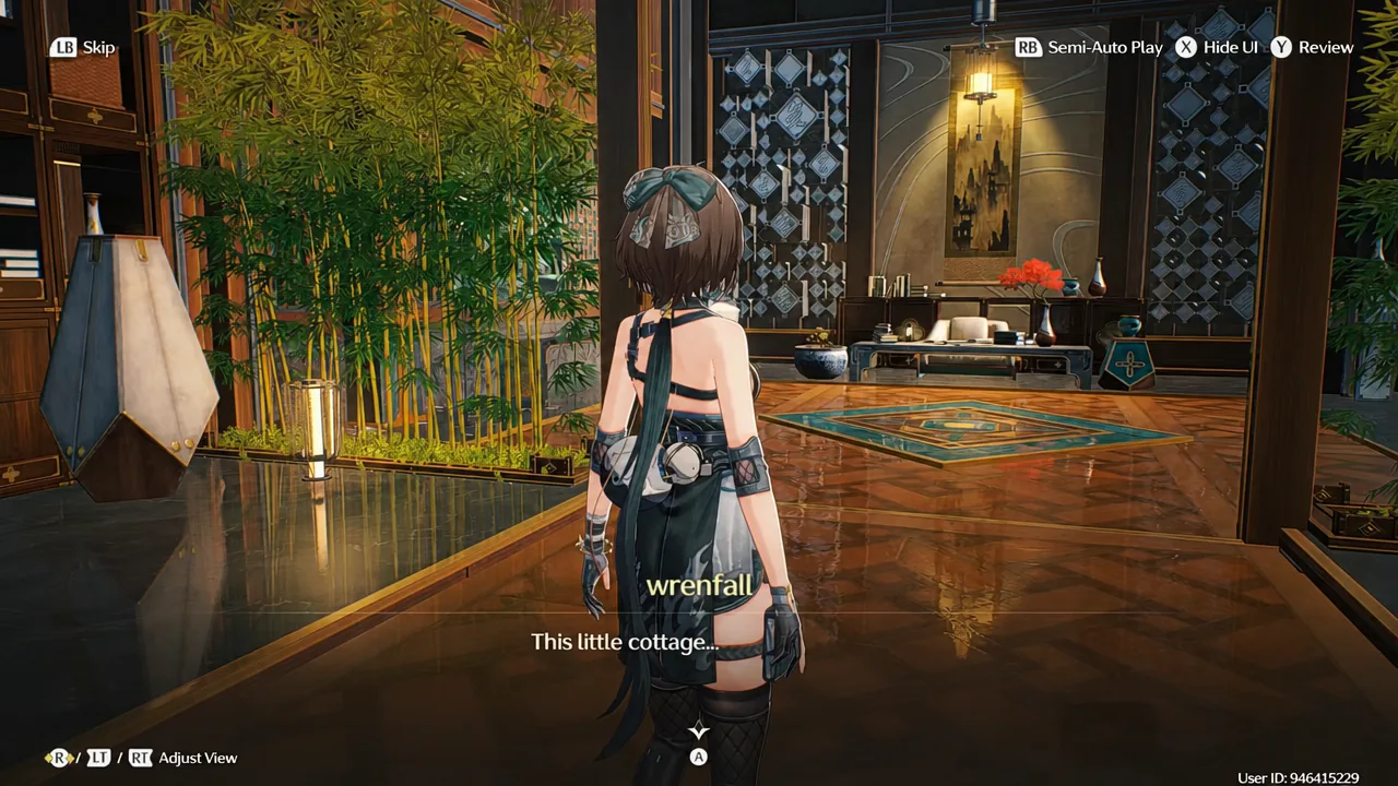 Dialogue inside the hidden realm cottage with a Semi-Auto Play prompt