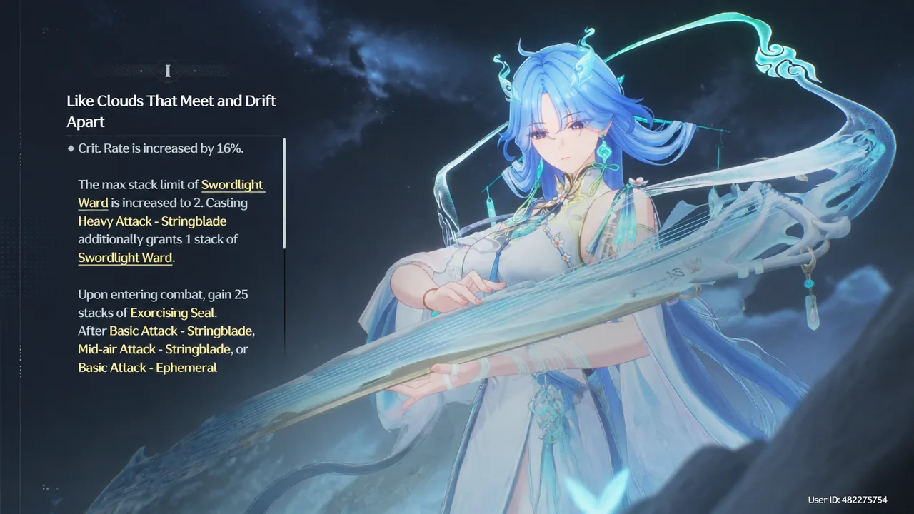 Qingxiao's S1 node panel listing the Swordlight Ward increase and Juque Perdition trigger