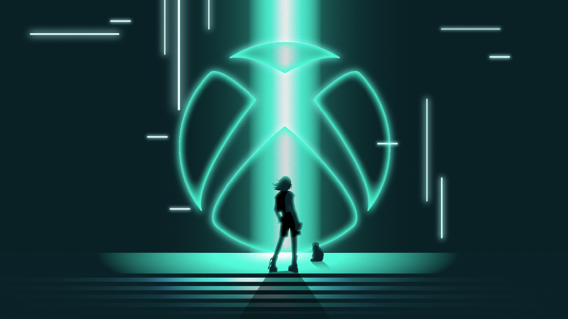 Silhouettes of a person and a cat sitting in front of a glowing green Xbox logo